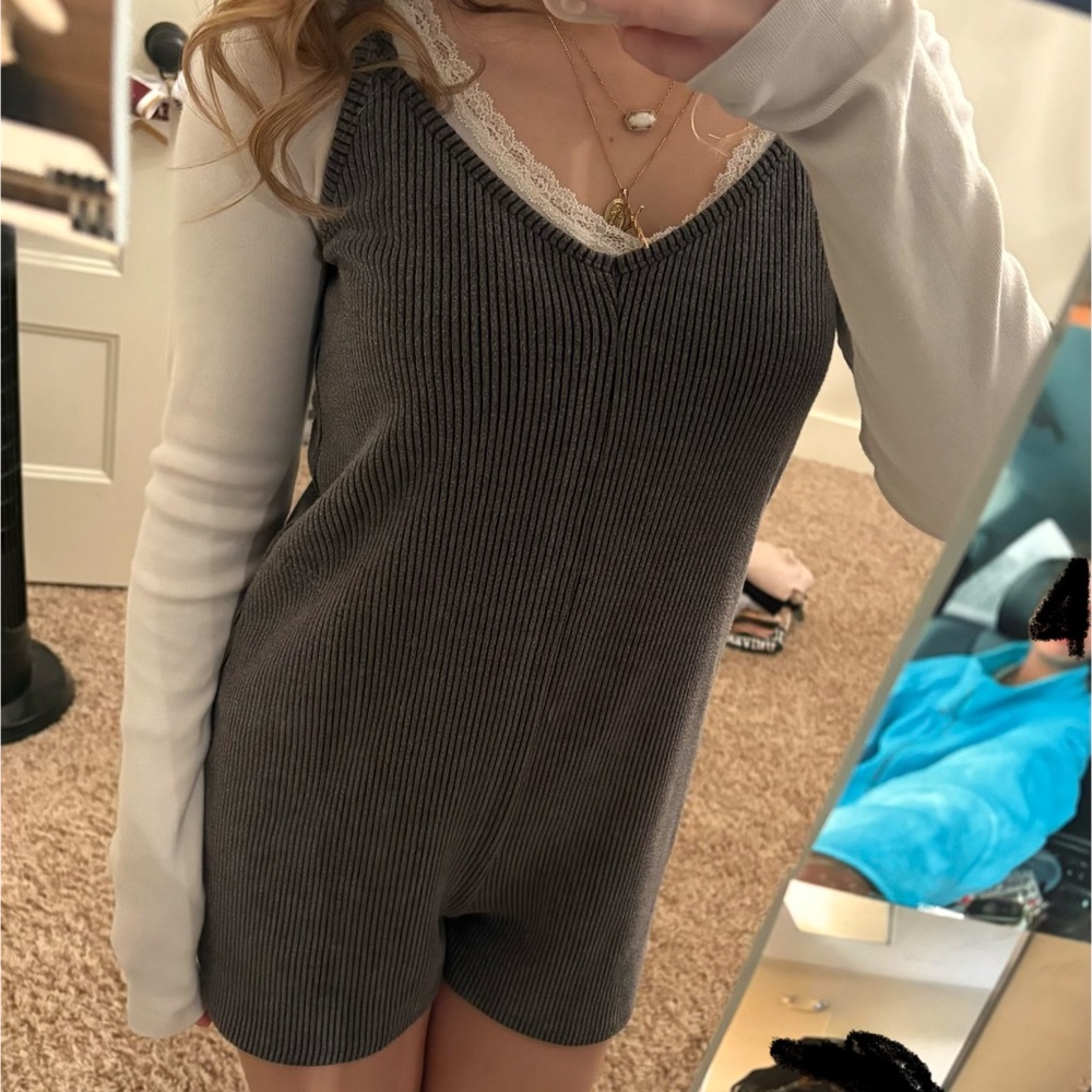 Hem & Thread Gray and White Ribbed Jumpsuit
